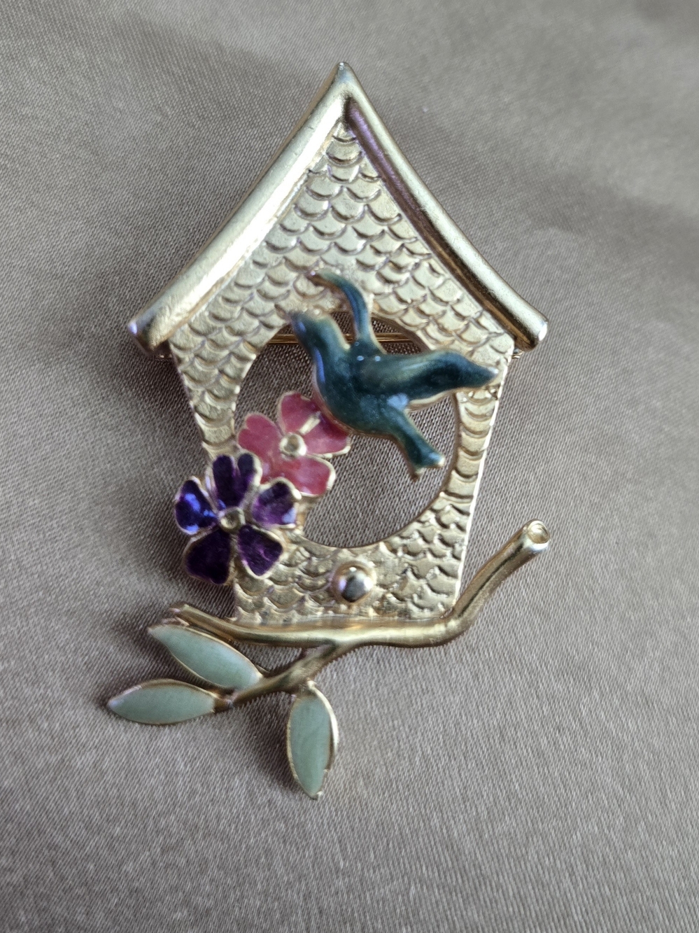 Gold-tone Birdhouse Brooch with Enamel Flowers